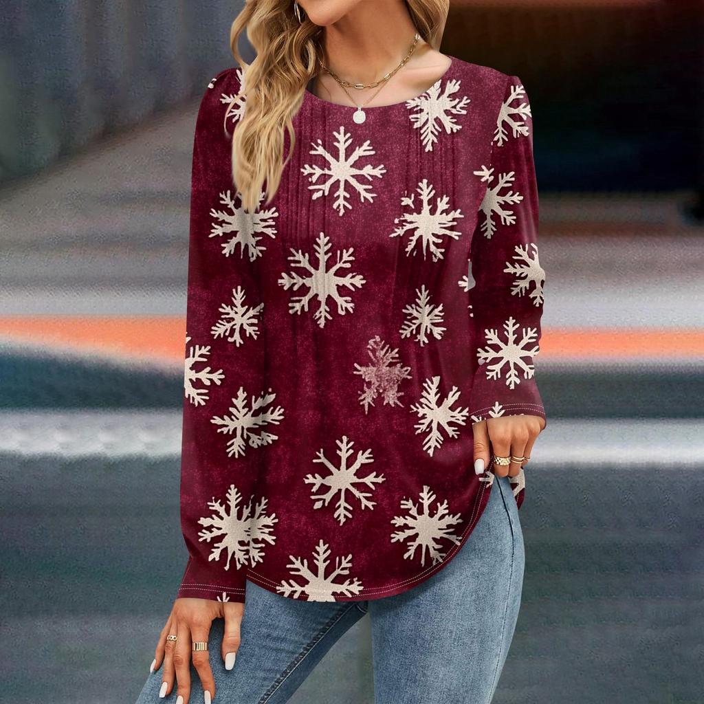Женская мода Рождественские принтованные платья Осенние повседневные топы Длинные рукава рубашки Свободные пуловеры
