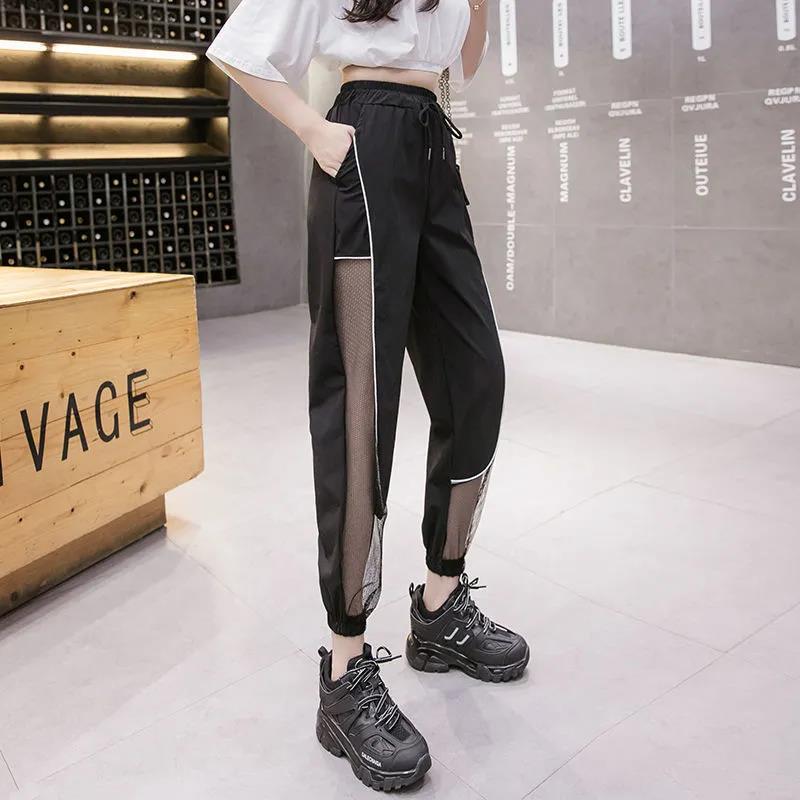 Women Summer Ice Silk Quick Drying Sports Cropped Pants Large Size Loose Hollow Out Thin Casual Jogger Pants