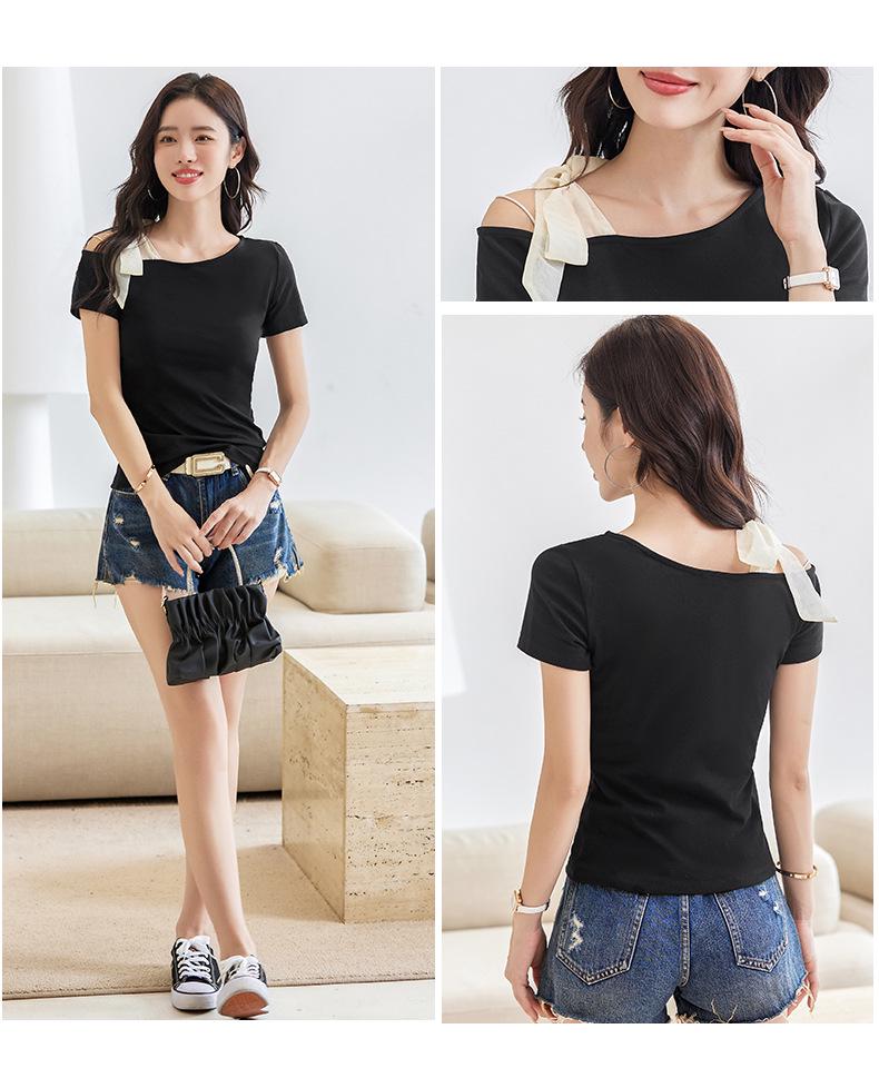 2025 Sexy Korean Off-the-Shoulder Slimming T-Shirt - Women's Cotton Short Sleeve Top
