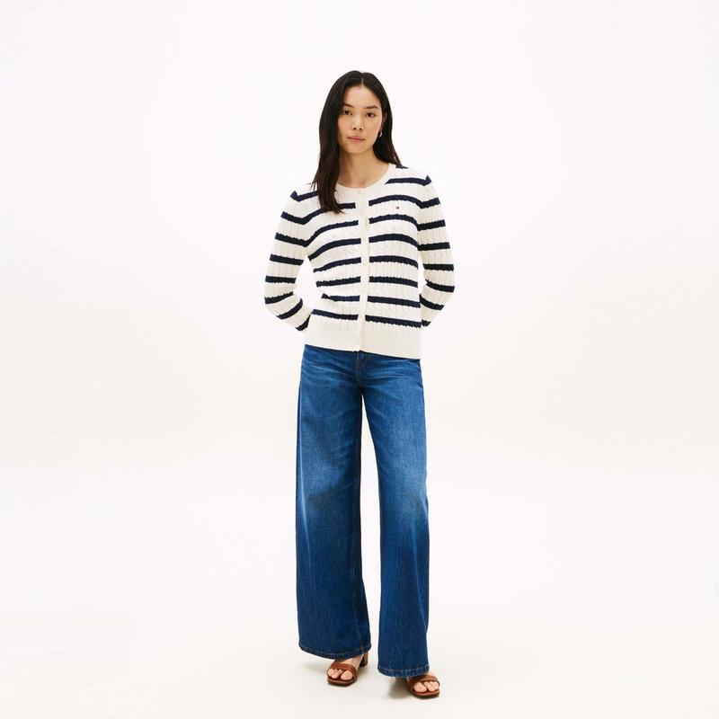 Tommy Hilfiger Хлопковый повседневный кардиган для commuters с косами в полоску, круглым вырезом, женский кардиган WW0WW49714