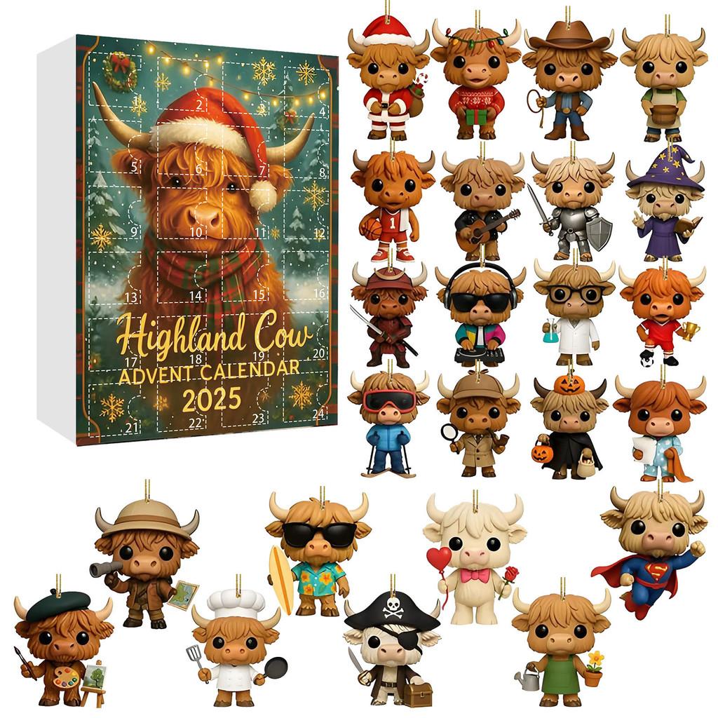 Cow Style Highland Christmas Countdown Calendar Blind Box Acrylic Decor Pendant
