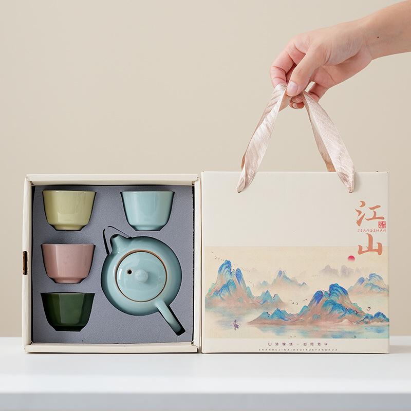 1011 New Geyao Kung Fu Tea Set Small Set Household Tea Pot One Pot Four Cups Gift Box Guochao Gift