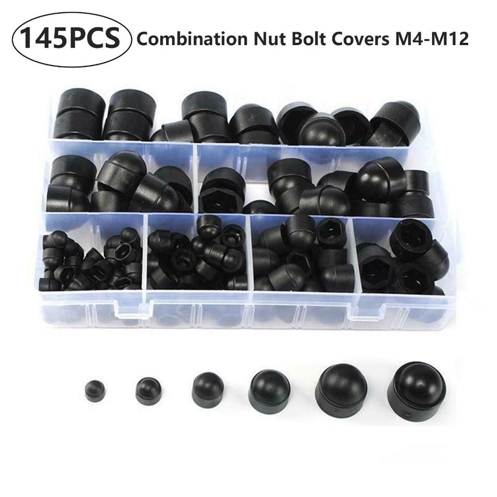 145pcs/set Black Protection Cover Assorted Plastic Nut Hex Bolt Covers M4 M5 M6 M8 M10 M12 Kit for Hexagonal Screw Bolt Dome Head