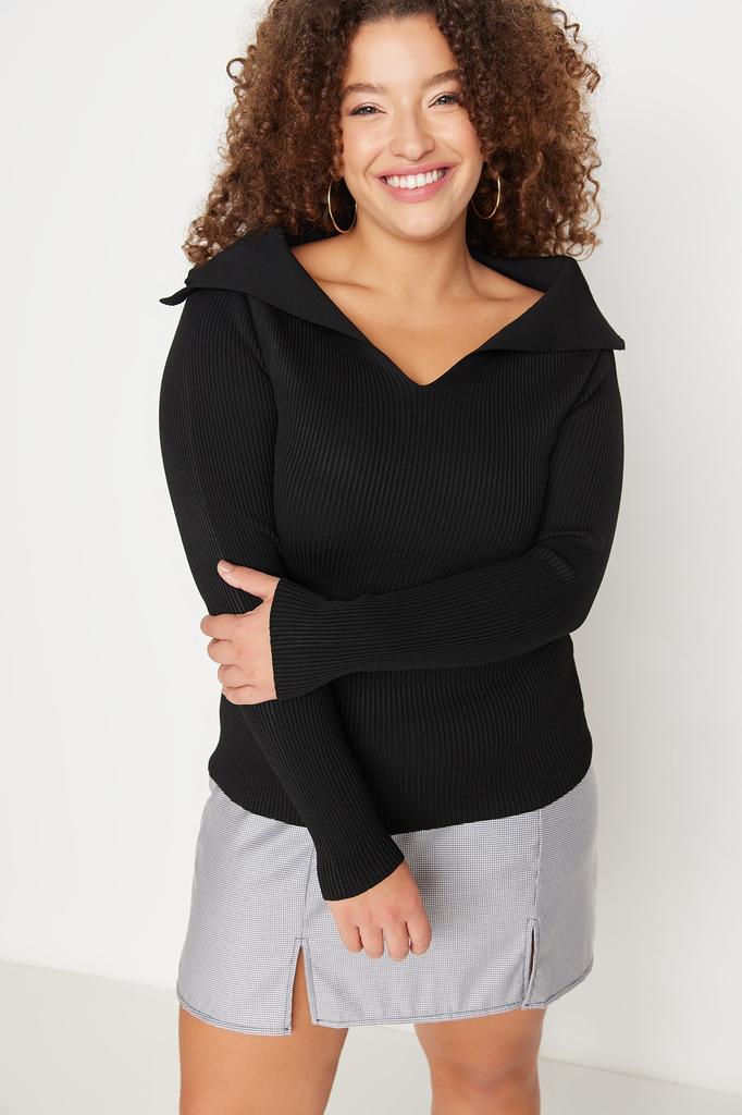 Women's Fashion New Plus Big Size Sweater Black Boat Neck Fine Knitwear Blouse