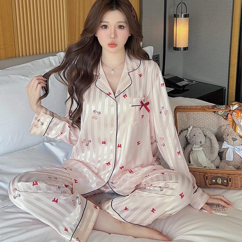 Spring and Autumn New Cute Bear Printed Ice Silk Pajamas Women's Premium Lace Long Sleeve Loungewear Set