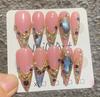 10Pcs Leopard Print Long Stiletto False Nails Full Cover Butterfly Flower Decor Press On Nails