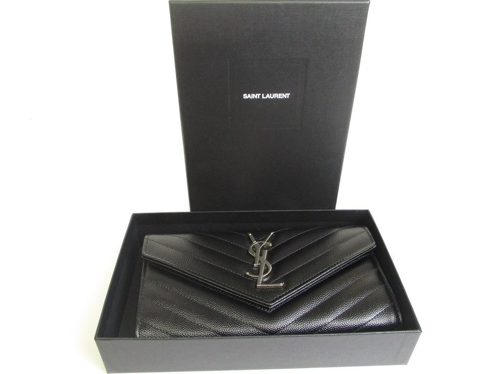 Оригинальный кошелек Saint Laurent YSL серебристый мотив YSL черная кожа длинный кошелек с клапаном #a875 Восстановленный