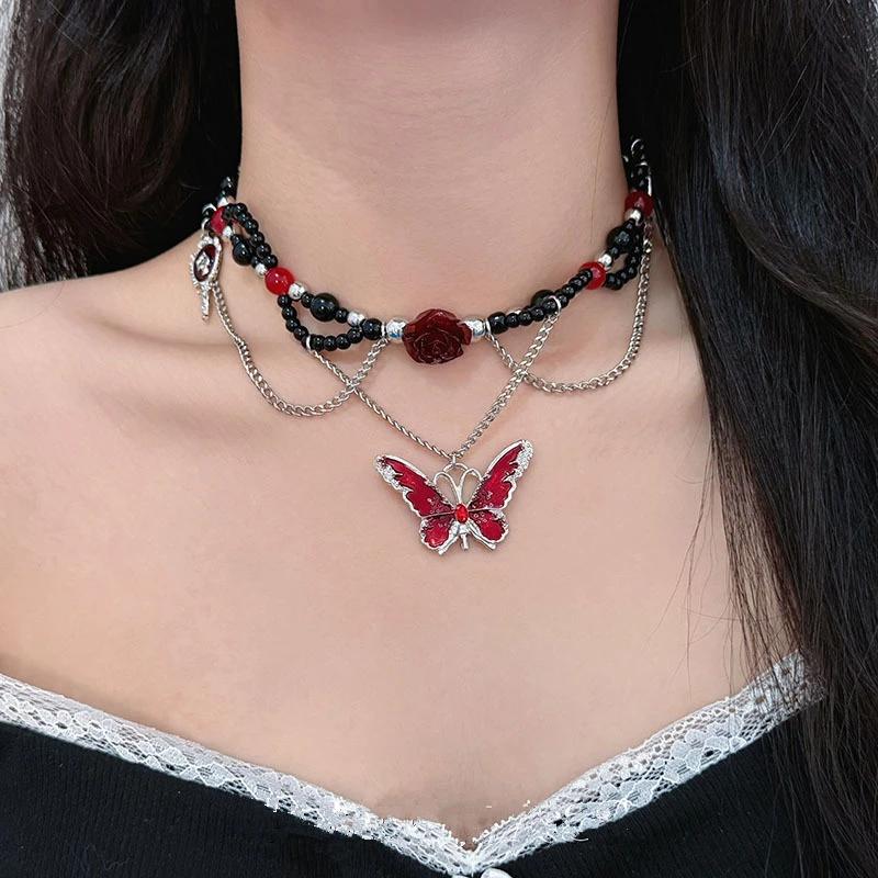 Gothic Green Butterfly Crystal Pendant Beads Choker Chain Necklace For Women Halloween Y2K Charms Exquisite Jewelry Accessories