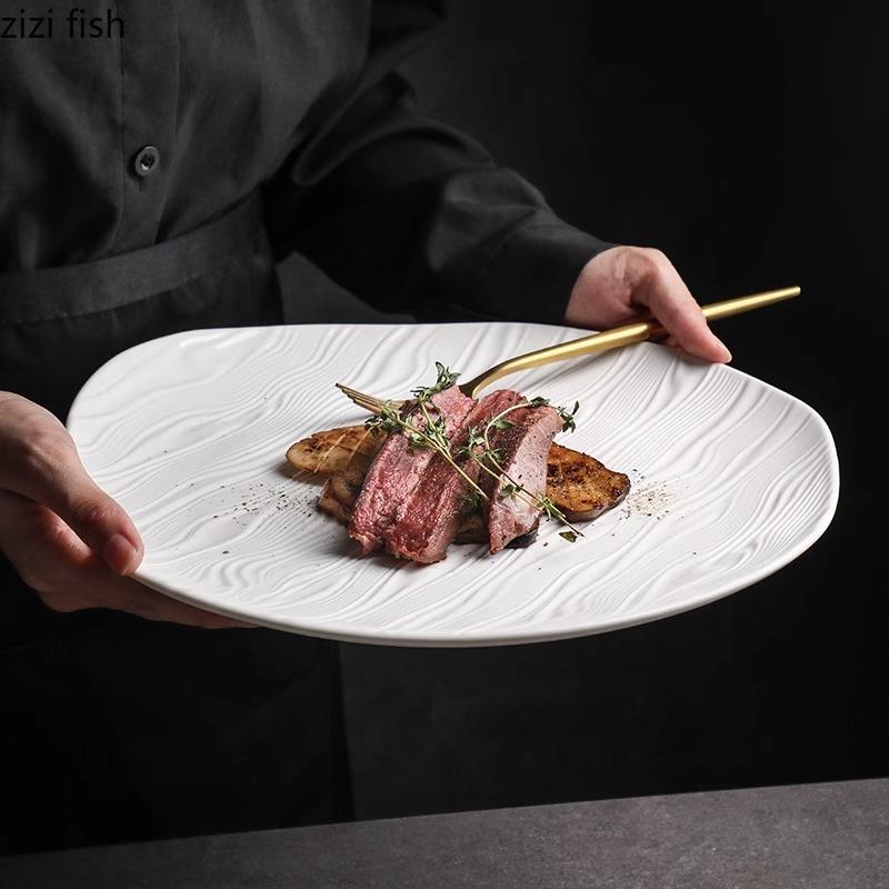 Керамическая мелкая тарелка с эффектом водной ряби, белая, нестандартная, салатная тарелка, тарелка для стейков, десертные тарелки, креативная посуда для ресторана