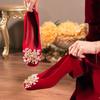 Fashion Luxury Women's Heels Sexy Red Square with Rhinestone Wedding Shoes Office Party Pump Designer Fashion Single Shoes