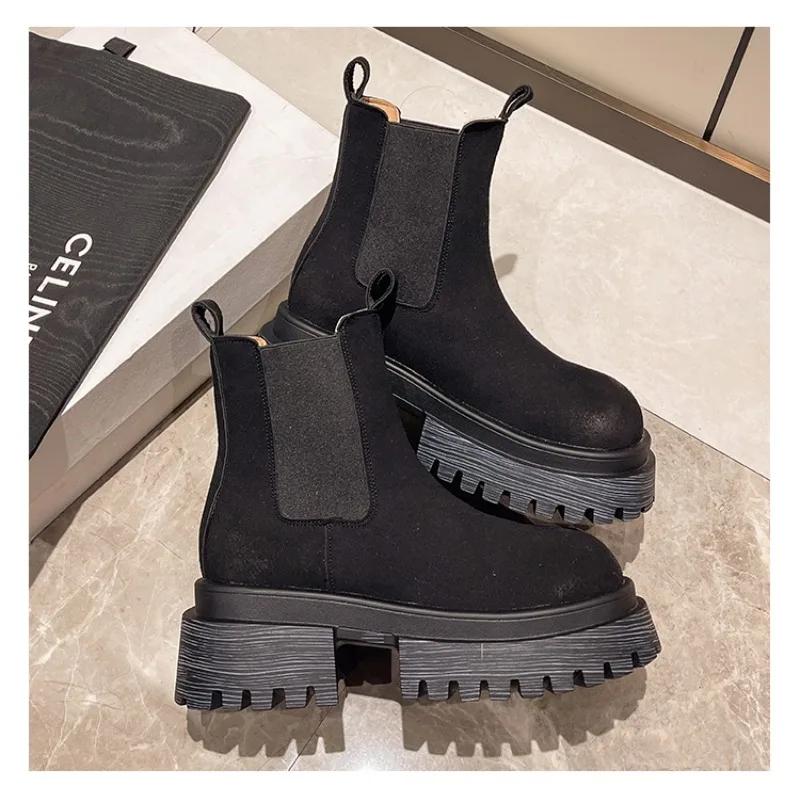 Абсолютно новые ботинки челси из мягкой кожи, женские осенние туфли на платформе без застежек, модные женские плюшевые теплые зимние