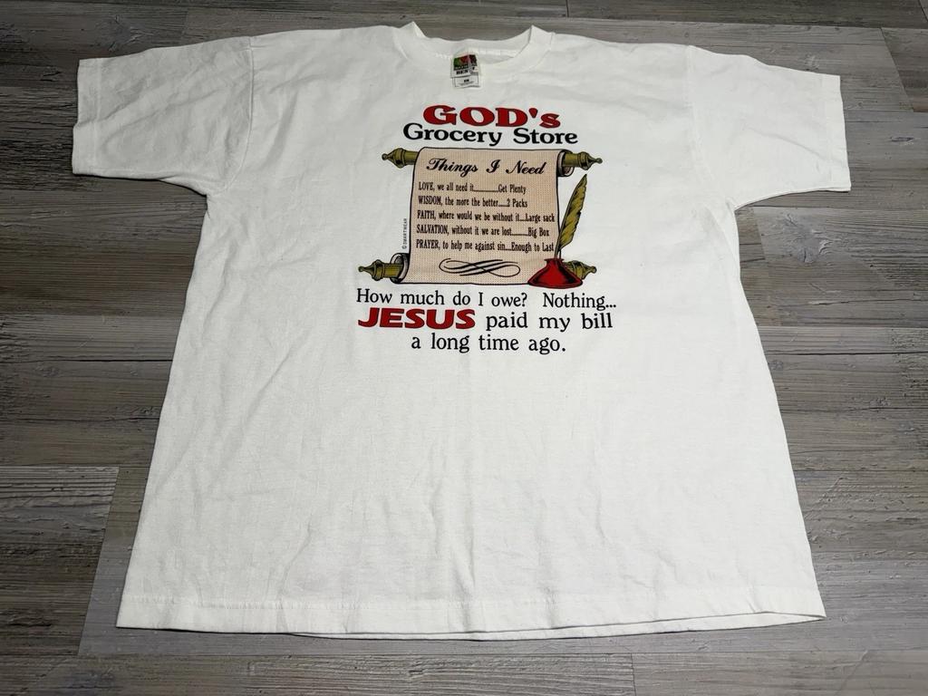 Vintage Jesus Christian Funny T-Shirt God's Grocery Store Love Faith Mens Sz XL