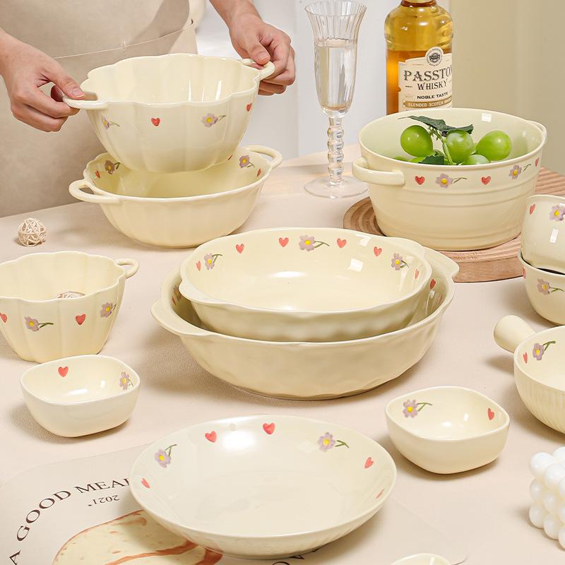 Керамический набор столовой посуды «Кремовая глициния»: Миска для риса, Суповая миска, Круглые и Глубокие тарелки