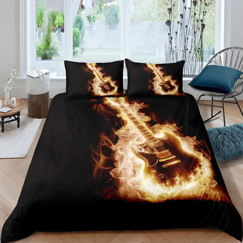 Guitar Duvet Cover Set Music Theme Bedding For Teens Microfiber Vintage Grey Guitar On Wooden Floor Quilt Cover Queen King Size