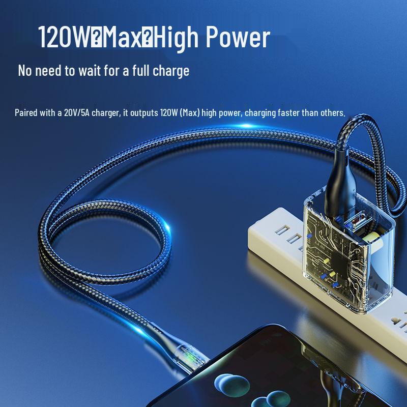 Прозрачный сверхбыстрый двойной Type-C PD кабель для зарядки 120 Вт, совместимый с Apple 15 и Huawei