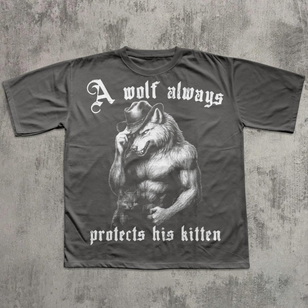 A Wolf Will Always Protect Its Kitten This Funny Emoji Tshirt Top Wolfthemed Tshirt Streetwear