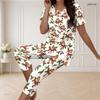 Women Plus Size Round Neck Short Sleeve Printed White Flared Top Capri Pants Two Piece Pajama Set