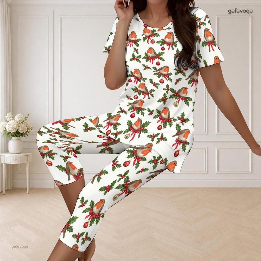 Women Plus Size Round Neck Short Sleeve Printed White Flared Top Capri Pants Two Piece Pajama Set