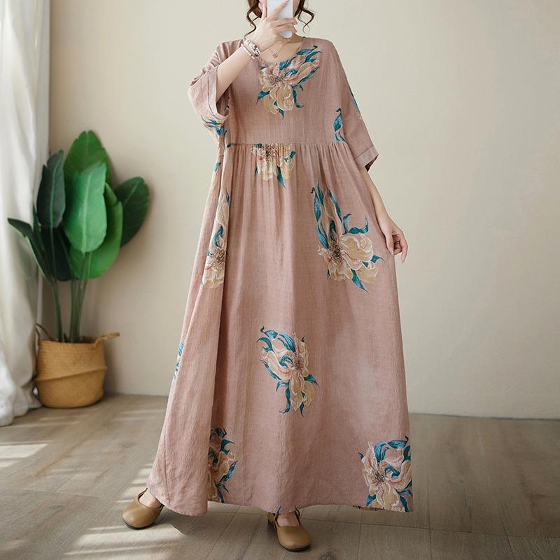 Летние тонкие хлопковые льняные платья с круглым вырезом и короткими рукавами, простое платье средней длины для женщин