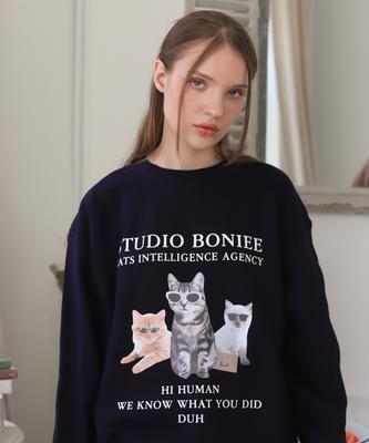 BONIEE [Выбор с флисовой подкладкой] Cia Cats Свитшот оверсайз с принтом кошек Темно-синий