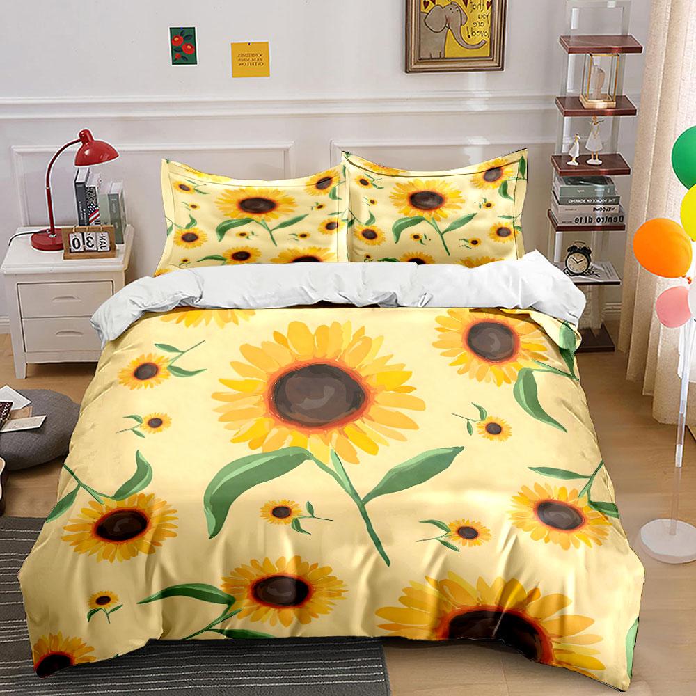 Sunflower Pattern Home Decoration Set Bedding Set with 1 Duvet Cover 2 Pillowcases Single Double King Queen, Gift