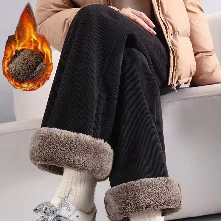 Женские брюки из овечьей шерсти, флис, 2025, зима, новые, повседневные, теплые, удлиненные, прямые брюки с высокой талией