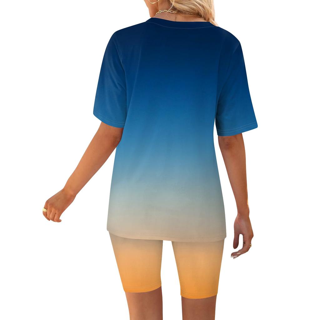 Женский топ с v-образным вырезом и короткими рукавами с градиентным принтом и шорты с принтом, комплект из двух предметов