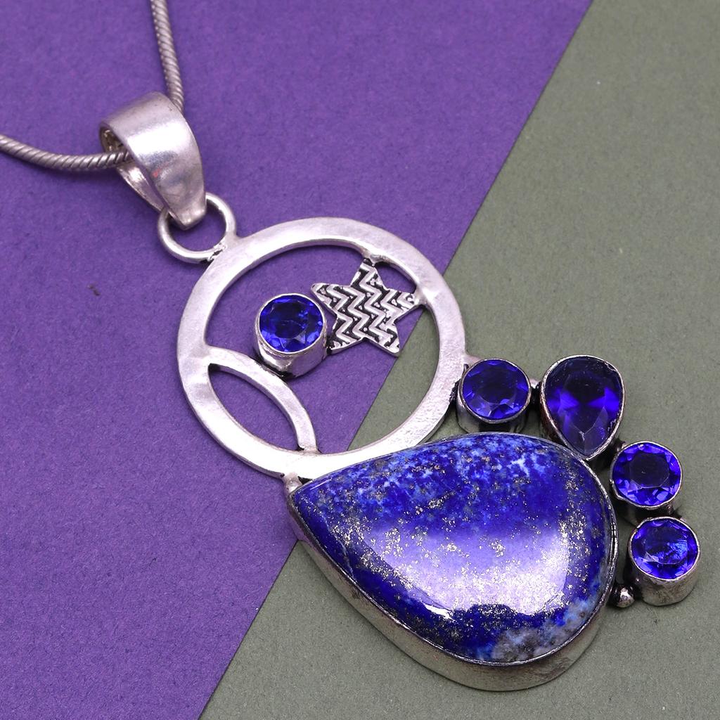 Pendant Lapis Lazuli Silver Jewelry 2.5" Gemstone Handmade Sterling Silver