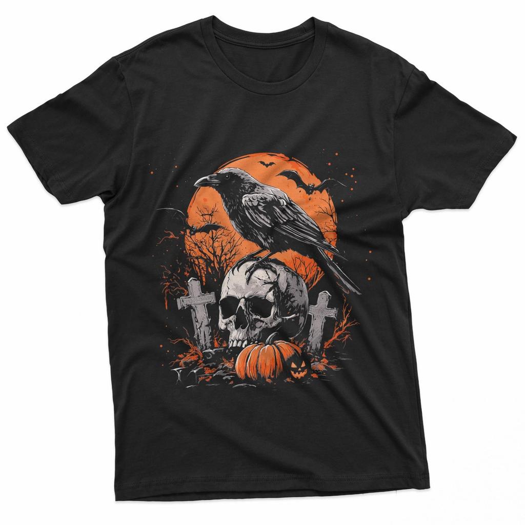 Raven Skull Pumpkin Blood Moon Halloween T-Shirt