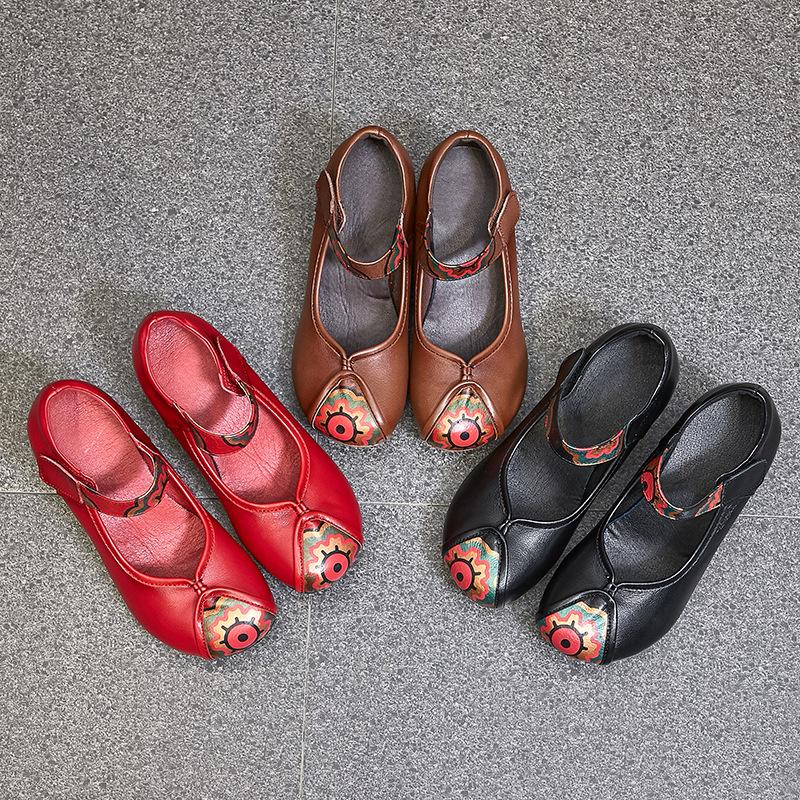 Shoes Women's Shoes Cowhide Chunky Heel Soft Bottom Non-slip Leather Shoes Ethnic Single Shoes