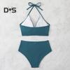Комплект из 2 предметов: летний комплект бикини, бюстгальтер с лямками на шее и плиссировкой, плавки с высокой талией, однотонный купальник