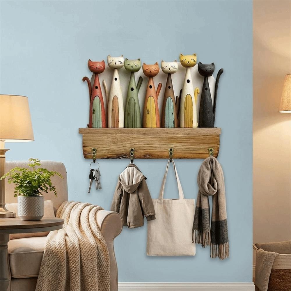 Retro Design Multi-Function Key Holder Colorful Cat Key Hook Rack Wooden Key Hanger  Bedroom