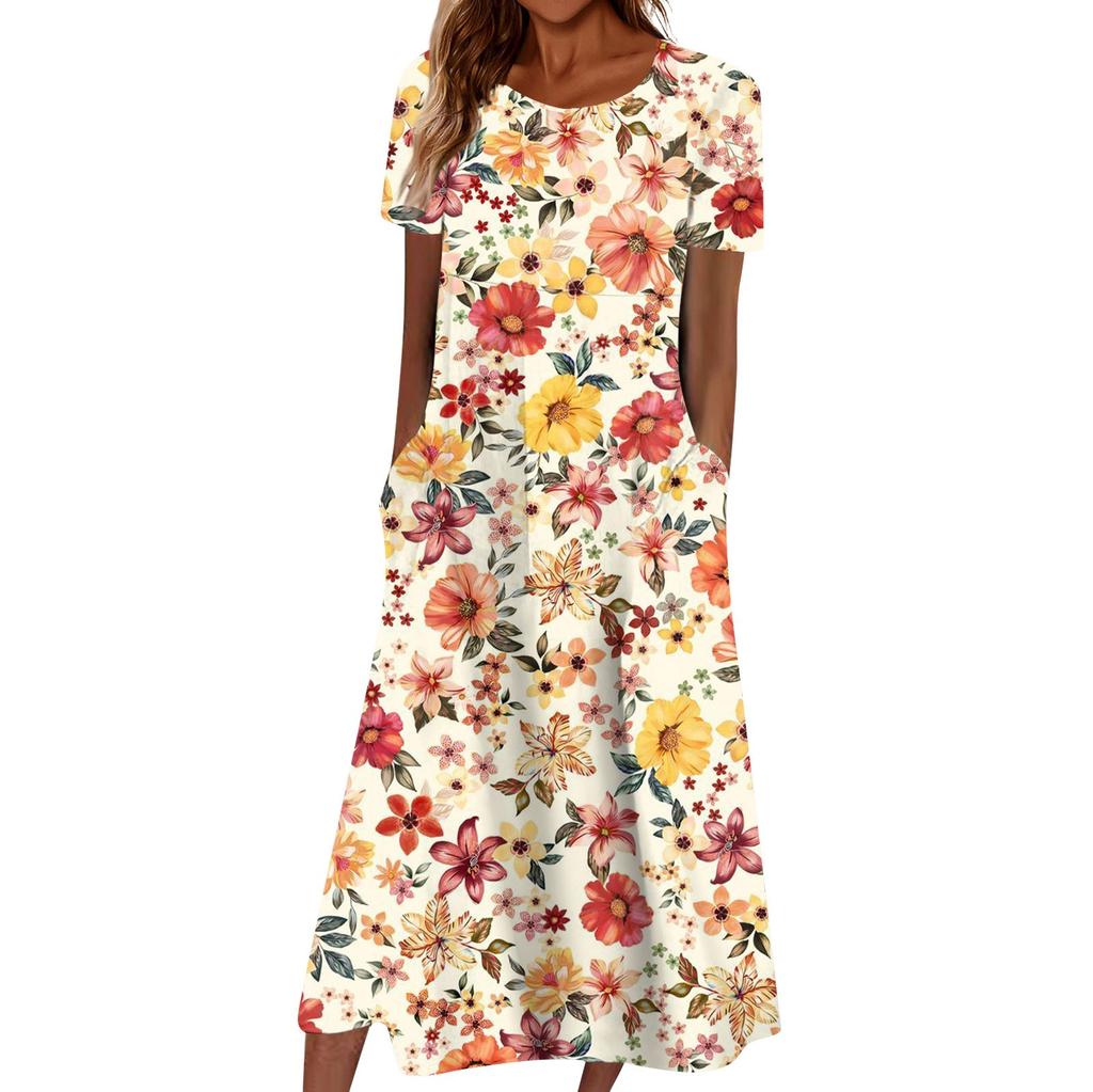 Summer Dress For Women Casual Printed V-Neck Short-Sleeve Beach Swing Dress