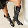 Мода 2025 Новые Женские Западные Сапоги Квадратный Носок Блочный Каблук 5,5 см На Слипонах Вышивка Большой Размер 43 Повседневные Сапоги до Колена