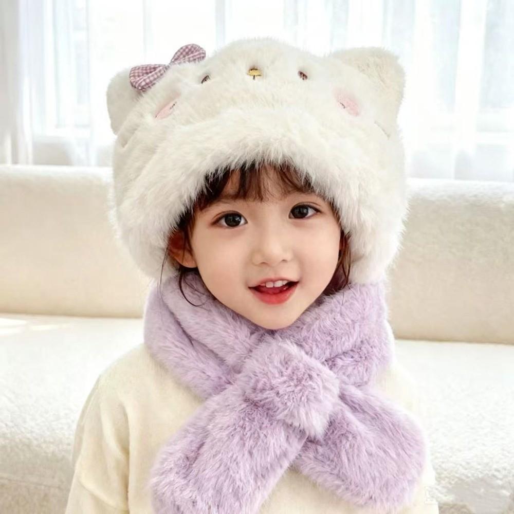 2/3Piece Set Neck Protection Feature Cat Plush Hat Scarf Set Kids Plush Hat Set Daily Wear