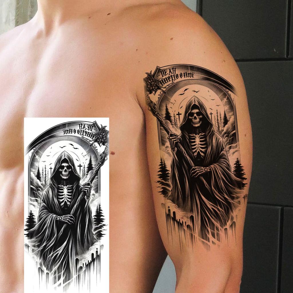 1 Sheet Scary Grim Reaper Skull Temporary Tattoos Halloween Tatoos Long Lasting Waterproof Tiger Wolf Beast Fake Tattoo Stickers