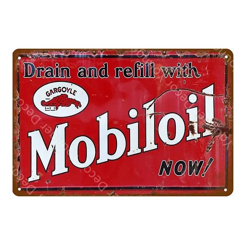 Моторное масло Mobiloil Металлические таблички Бензин Настенная тарелка Металлическая Винтажный декор для гаража Бар Паб Мужская пещера Декоративная металлическая табличка YA015