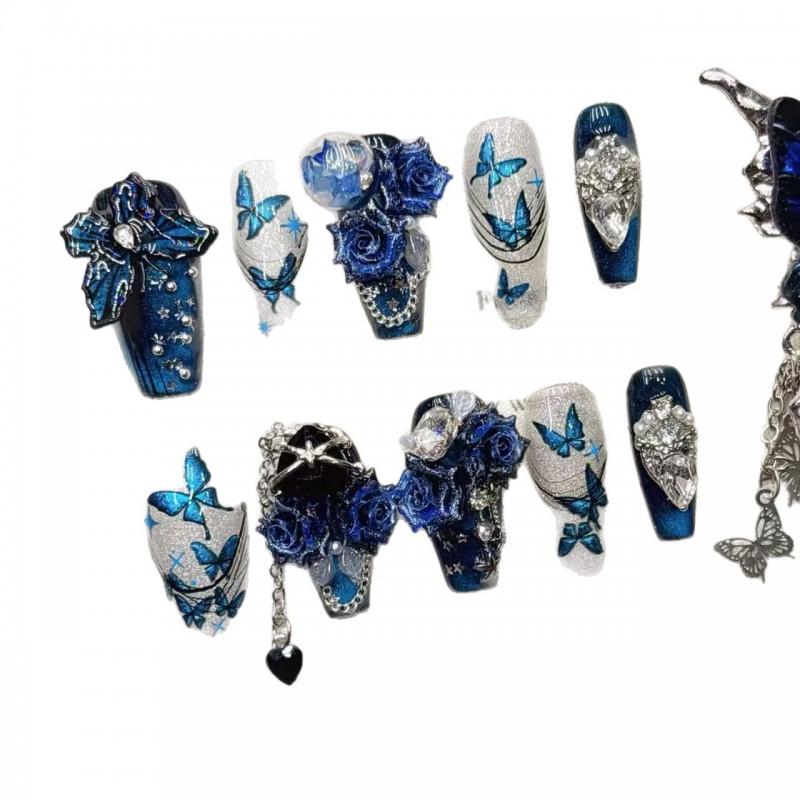 Handmade 11-Piece Blue 3D Butterfly Press-On Nails Medium Length Women Girls Sweet Chic Style
