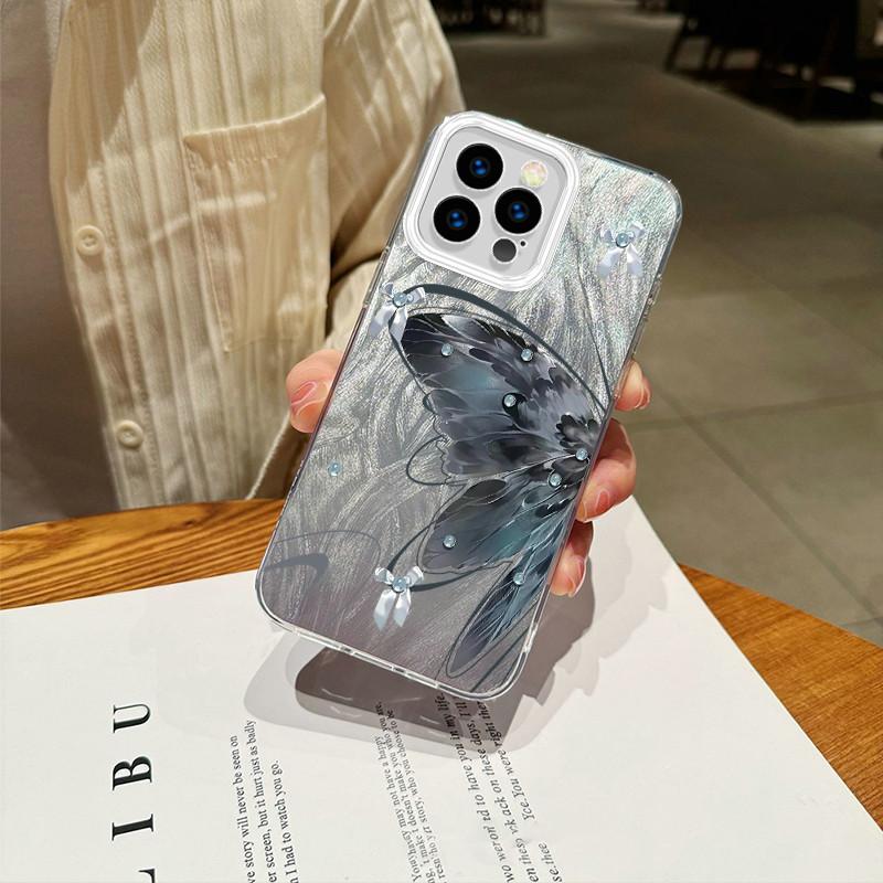 Upgraded Glitter Silver Case Painted Butterfly Printed Protective Shell Shockproof Full Back Cover for iPhone Samsung