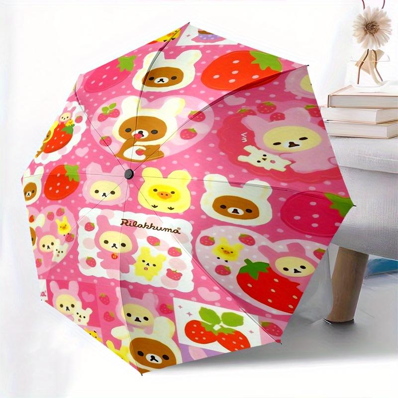 Rilakkuma,Strawberry Automatic Folding Umbrella Simple 8 Rib Design, Bright Cartoon Pattern, Durable Iron Frame, Suitable For Travel, Outdoo
