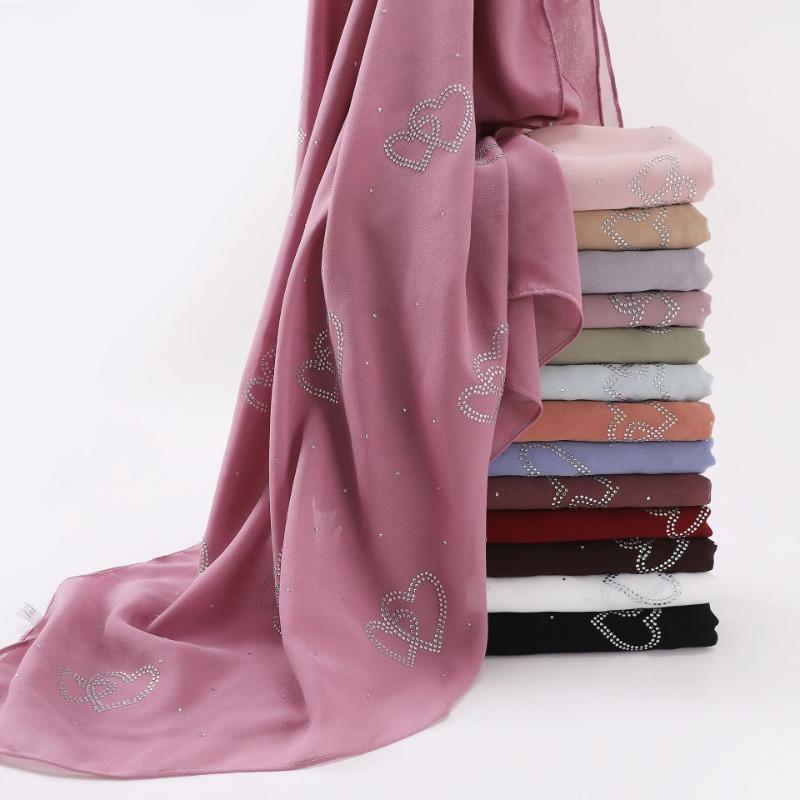 Chiffon Long Scarf Double Heart Rhinestone Ethnic Headscarf For Women