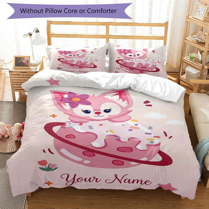 Pink Cat Cake Custom Name Text Print 1Pc Bedding Set Duvet Cover With Two Pillowcases Soft Bed Linen For Household Bedroom
