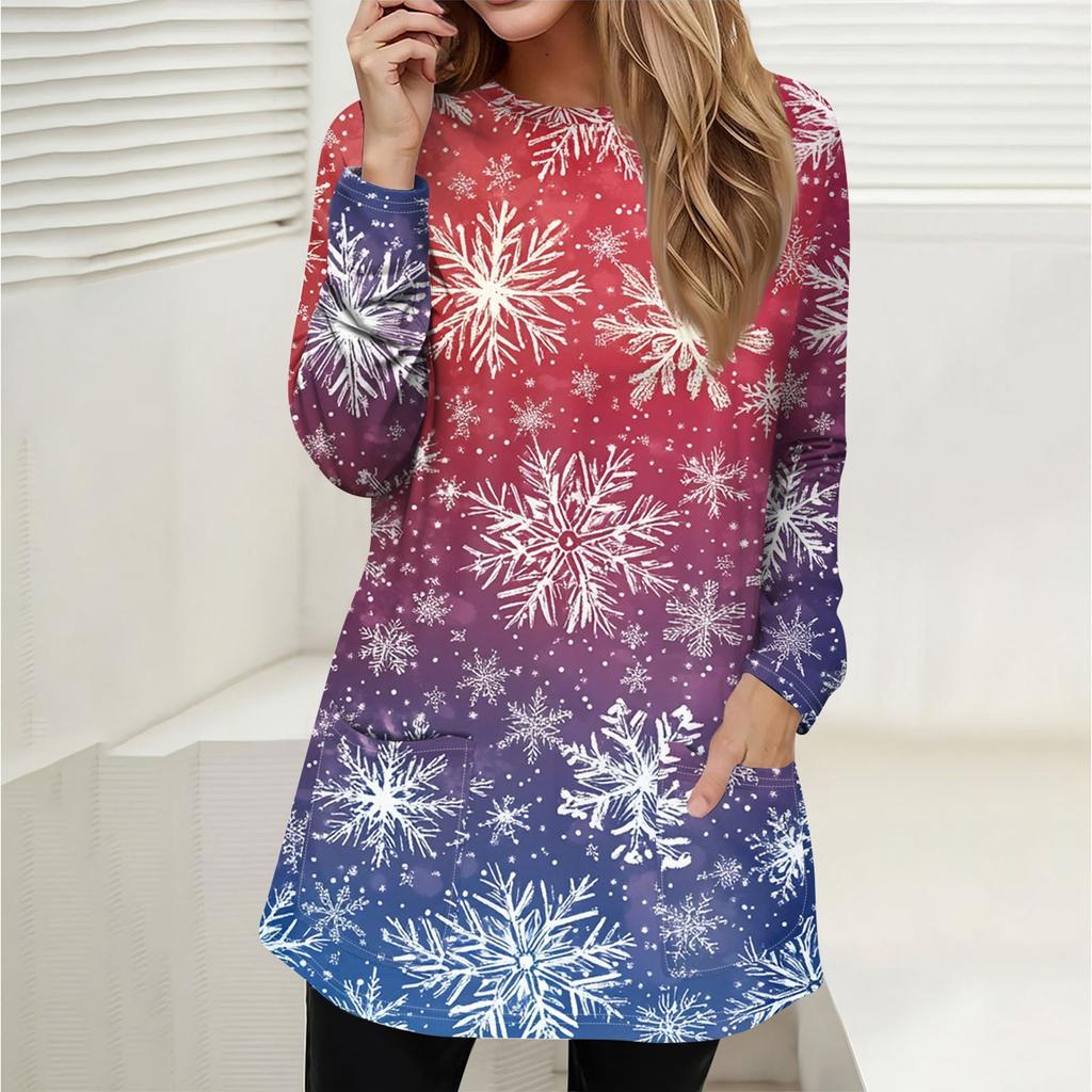 Женская толстовка, пуловер, спортивная одежда, карман, рождественский принт, повседневный топ с круглым вырезом и длинными рукавами