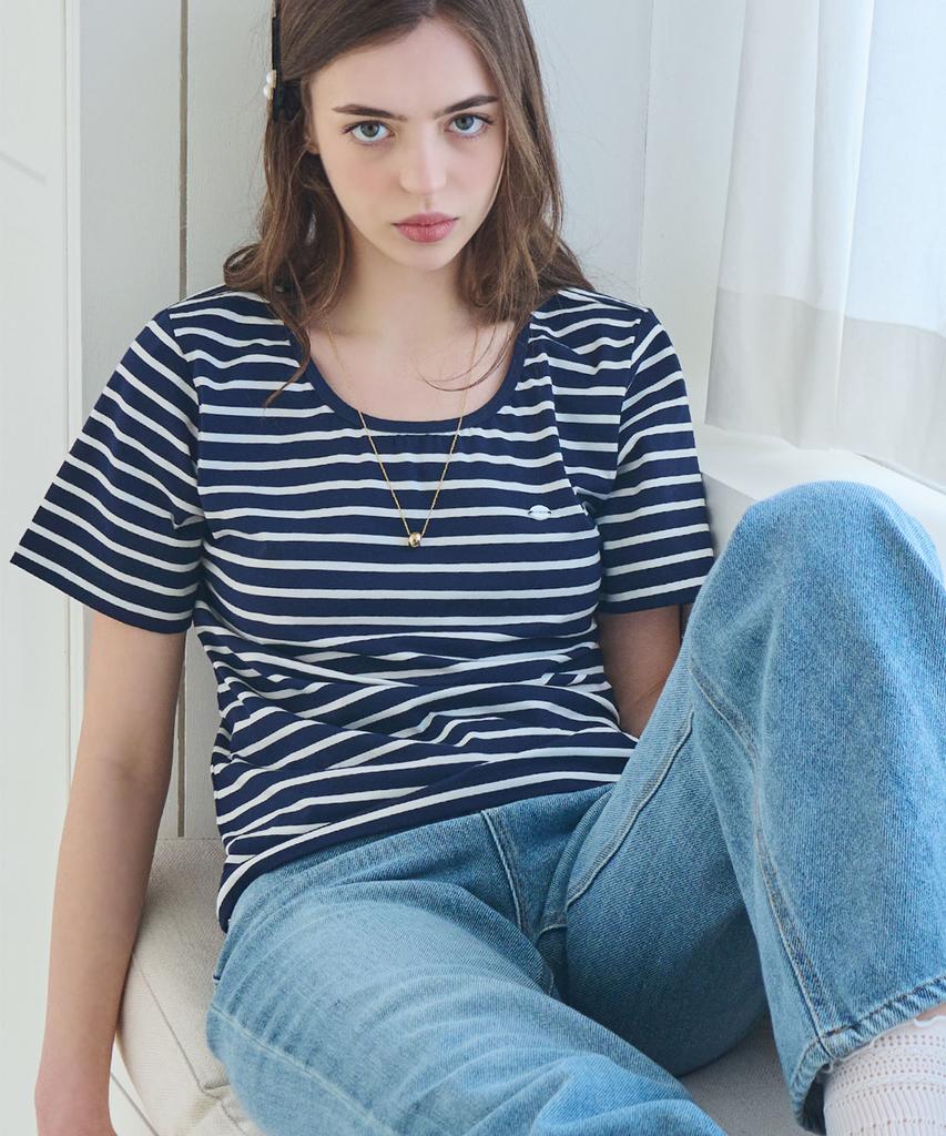 SLOWLOLLI U Neck Stripe Short Sleeve T-Shirt - Navy