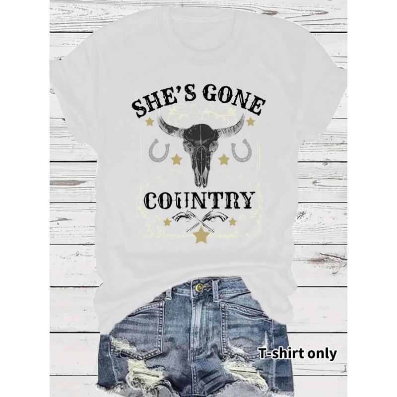 Футболка женская с коротким рукавом She's Gone Country Bull Skull со звездами Футболка с графическим принтом Western Cowboy