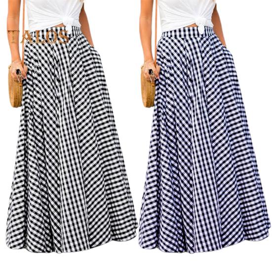 Женская юбка-макси с эластичной высокой талией и клетчатым принтом, юбка-трапеция с карманами, большой подол, ретро-юбка, уличная одежда