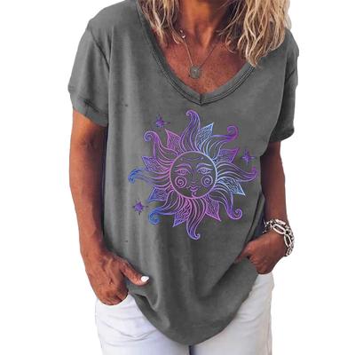 Модные весенние ретро-принты блузки с коротким рукавом и V-образным вырезом футболки повседневные