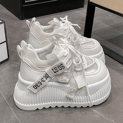 Модные женские 2025 весна-лето дышащие сетчатые кружевные массивные кроссовки на высокой платформе спортивная обувь новые полые повседневные нескользящие туфли