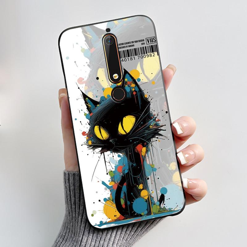 Корпус для Nokia 6.1 6.1 Plus Ударопрочный Чехол Эстетичный Модный Милый Кот Мультяшный Черный Мягкий Силиконовый Резиновый Чехол Бампер Корпус
