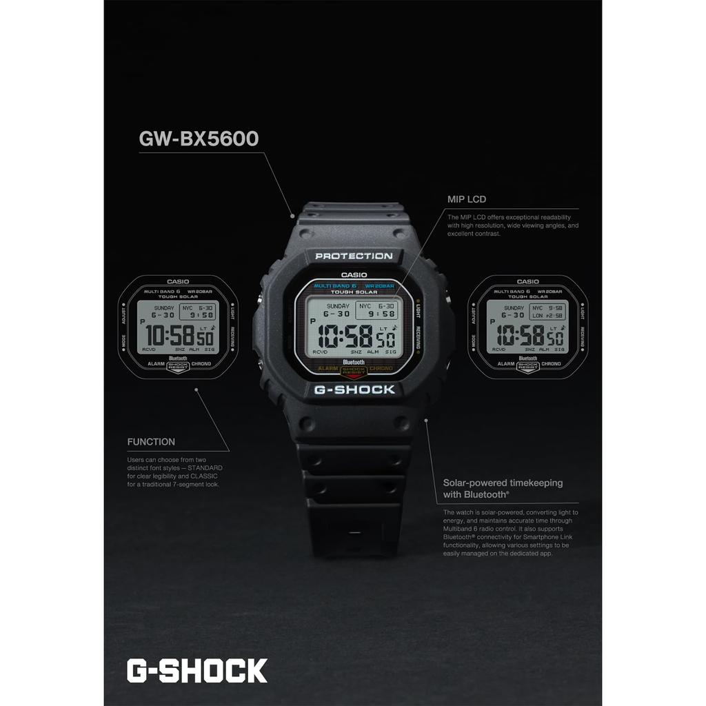 Casio Мужские часы G-Shock, Полностью черные, Экологичный материал, MIP LCD, Bluetooth, Радиоуправляемые, Питание от солнечной энергии, GW-BX5600-1A1JF, Оригинал из Японии